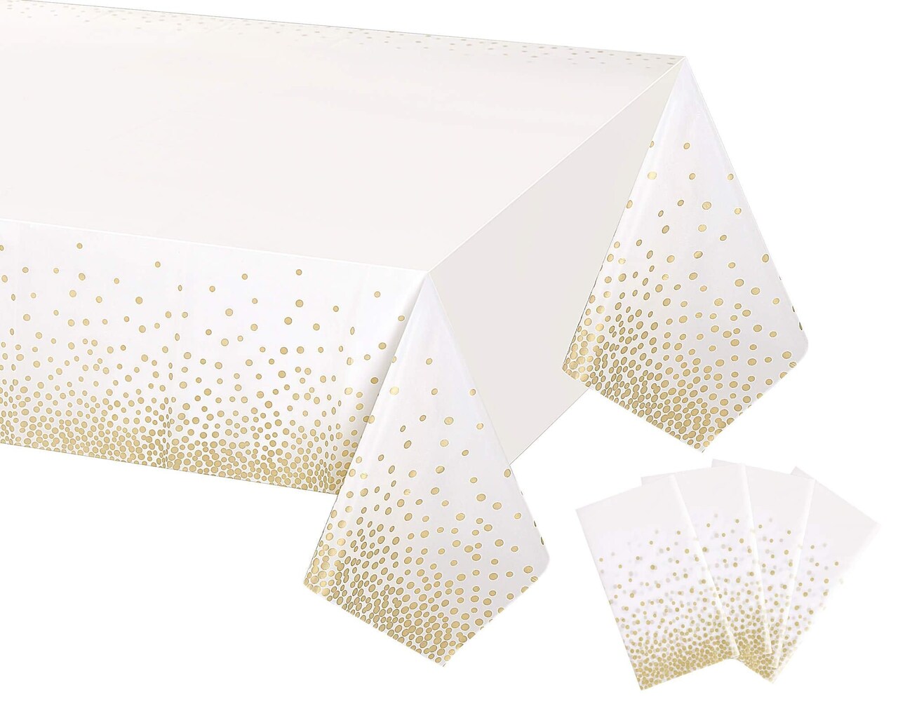 Gexolenu 4 Pack White & Gold Dot Plastic Tablecloth for Rectangle Tables(54" x 108"), Disposable Table Cloth for Birthday, Wedding, Baptism Decorations, Engagement Party Decorations